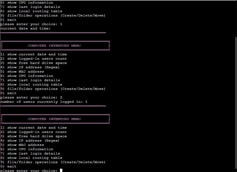 quick view of the different options to choose from the menu script ran through AWS
